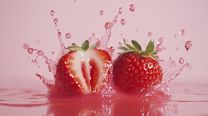 Two Strawberries Splashing into Pink Liquid