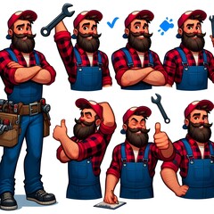 A cartoon-style mechanic with a thick beard, wearing a red plaid shirt, blue overalls, and a red cap. Show him in various poses: 1) standing with arms crossed and holding a wrench, 2) bending over to 