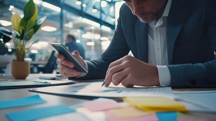 Sticker - Businessman Working with Phone and Documents in Office