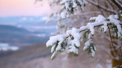 Closeup view of a tree branches covered with snow with a winter landscape background