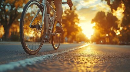 Sticker - A cyclist rides along a sunlit road during sunset.