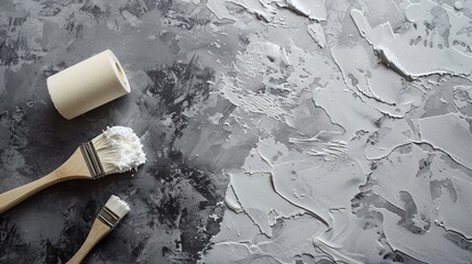 Poster - A textured surface is being adorned with white paint by brushes and a roller, showcasing an artistic project in progress. Generative AI