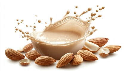 Wall Mural - Almond Milk Splash with Whole and Split Almonds