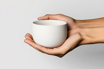 Canvas Print - Close-up of two hands holding a white ceramic bowl against a light gray background.