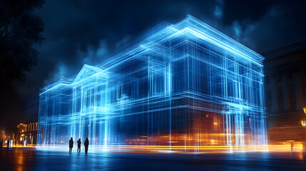 Canvas Print - A digital rendering of a building with glowing blue outlines.