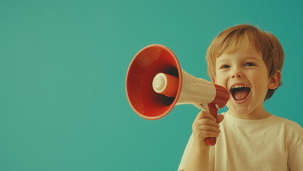 White boy. A person shouting through a megaphone. Copy space, Discounts, Promotions, Black Friday, Announcements, Promotions, Bonuses.