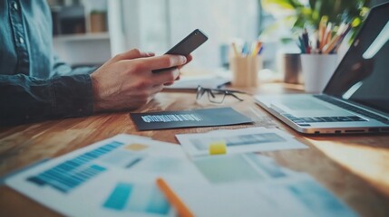 Canvas Print - Business Person Using Smartphone in Modern Workspace