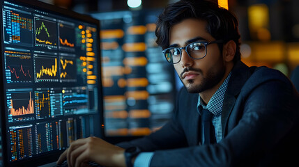 Wall Mural - A focused individual analyzing financial data on multiple screens.