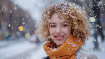 Wall Mural - Good-looking positive woman wearing winter season look clothes having fun outdoor on Christmas city street on abstract bokeh light and snowflake background