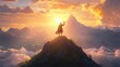 © Thanaporn - A lone figure stands triumphantly on a mountain peak, basking in the golden light of dawn, symbolizing achievement and hope.