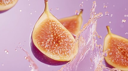 Wall Mural - Sliced Fig Falling into Water with Purple Background