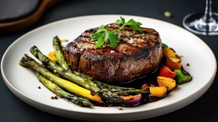 Grilled steak served on a white plate with roasted asparagus, colorful bell peppers, and garnished with fresh parsley.