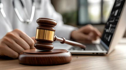 Canvas Print - A gavel rests on a table beside a laptop, symbolizing legal work.