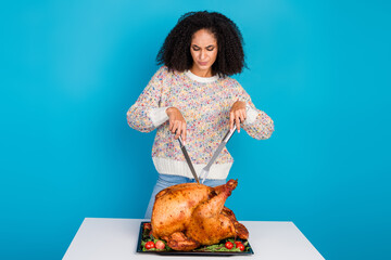 Sticker - Photo portrait of pretty young girl celebrate thanksgiving cutting annoyed dinner turkey isolated on blue color background