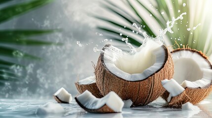 Wall Mural - Coconut Milk Splashing Out of Broken Coconut Shell