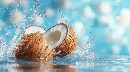 Wall Mural - Two halves of a coconut splashing in water