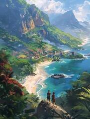 A stunning vista unfolds as two adventurers gaze over a beautiful beach and lively town, framed by towering mountains under a colorful sky. Generative AI