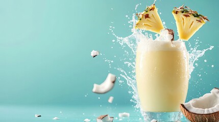 Wall Mural - Pineapple and Coconut Splashing into a Glass of Creamy Drink