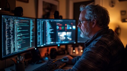A dedicated programmer working late into the night, coding on dual monitors, highlighting the intense concentration and creativity involved in software development.