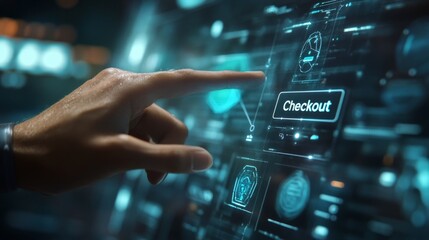 Hand Pressing Checkout Button on Digital Screen