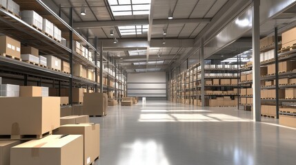 Modern Warehouse Interior with Storage Shelves and Boxes