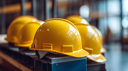 Wall Mural - Yellow Hard Hats on a Shelf.