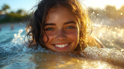 Canvas Print - A joyful young woman smiling while swimming in the ocean at sunset.