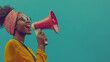 © Magic Soba - Black woman. A person shouting through a megaphone. Copy space, Discounts, Promotions, Black Friday, Announcements, Promotions, Bonuses.
