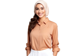 Wall Mural - beautiful smiling arab woman in beige cloths isolated on white or transparent png