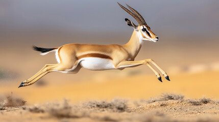 Wall Mural - a springbok antelope in mid-leap across a desert landscape with dry bushes, showcasing its agility a