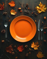 Autumn dining scene with empty plate and decorative elements