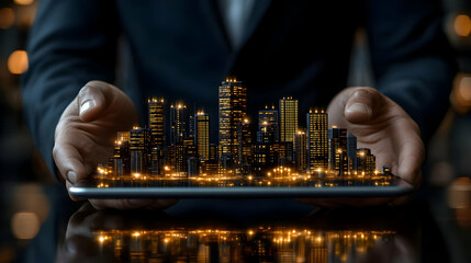 Wall Mural - A person holds a smartphone displaying a glowing city skyline.