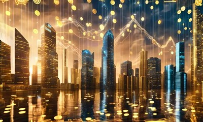 Wall Mural - Dynamic digital with futuristic skyscrapers and circuit patterns. Floating holographic graphs and charts show an increasing trend