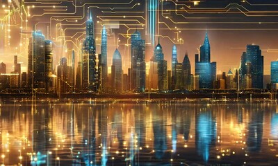 Wall Mural - dynamic digital with futuristic skyscrapers and circuit patterns. floating holographic graphs and ch