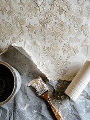 Poster - A skilled artisan applies textured plaster to a wall, showcasing intricate detailing with a brush and rolled materials for a modern finish. Generative AI