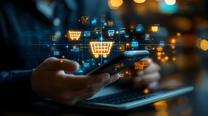 A person using a smartphone with digital shopping icons displayed.
