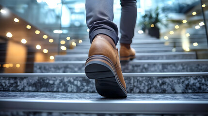 Poster - A person walking up modern stairs in a well-lit environment.