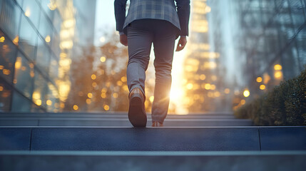 Wall Mural - A person walking up stairs towards a glowing sunset in a city.