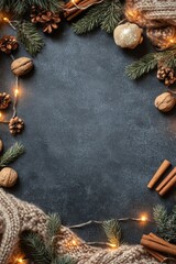 Decorative holiday arrangement with nuts, cinnamon, pine, and warm lights on a dark background