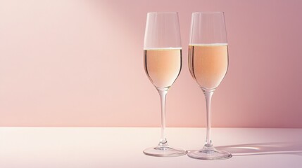 Elegant display of two glasses of sparkling wine on a softly lit pink background