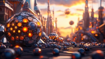 Fototapete - Futuristic Cityscape with Glowing Spheres and Advanced Technology at Sunset