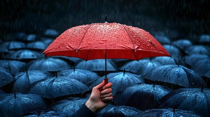 Sticker - A red umbrella stands out among many blue umbrellas in the rain.