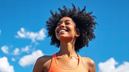 Wall Mural - Happy Woman with Natural Hair Under Blue Sky