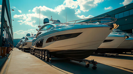 Wall Mural - A row of luxury yachts lined up in a marina for display.