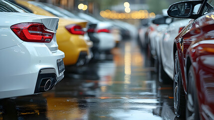 Wall Mural - A row of parked cars reflecting in wet pavement after rain.