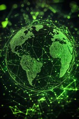 digital globe, green technology, abstract environmental awareness lines, connected dots, triangles