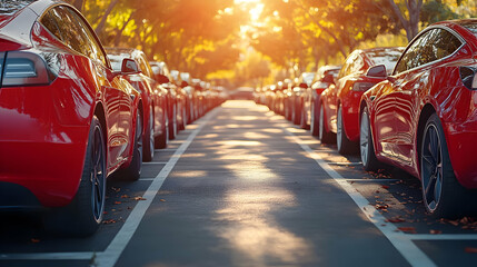 Canvas Print - A row of red cars parked under trees at sunset.