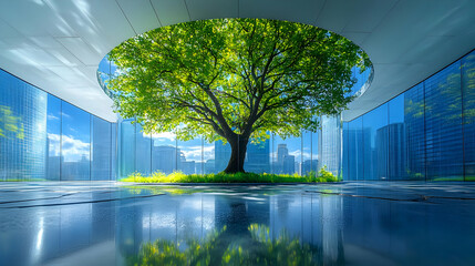 Sticker - A serene indoor space featuring a large tree surrounded by glass.