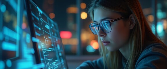 A woman intensely focused on her computer screen while coding late at night, surrounded by the glow of digital data. The image highlights dedication and concentration in technology.