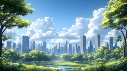 Sticker - A serene urban landscape with greenery and skyscrapers under blue skies.